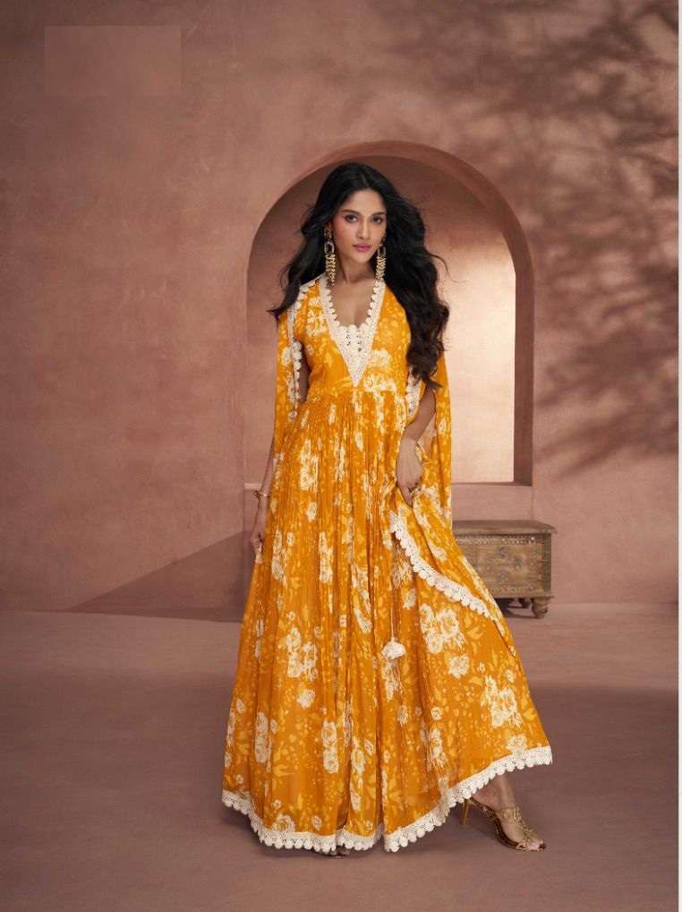 DESIGNER FANCY WEDDING PARTY FESTIVAL WEAR YELLOW REAL GEORGETTE READY TO WEAR SALWAR SUIT SAYURI SEERAT 5290