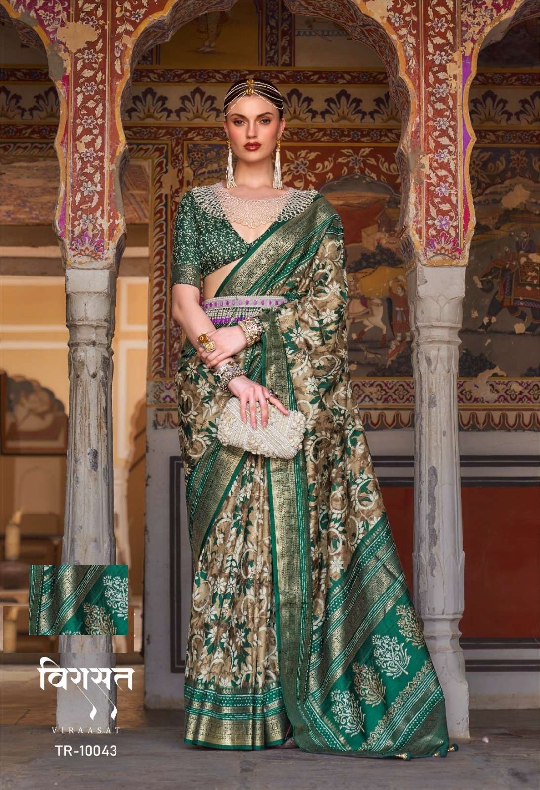 DESIGNER FANCY WEDDING PARTY WEAR DESIGNER GREEN SILK SAREE SM TFH VIRAASAT 10043