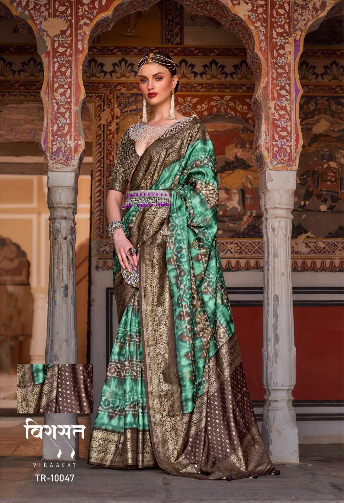 DESIGNER FANCY WEDDING PARTY WEAR DESIGNER GREEN SILK SAREE SM TFH VIRAASAT 10047