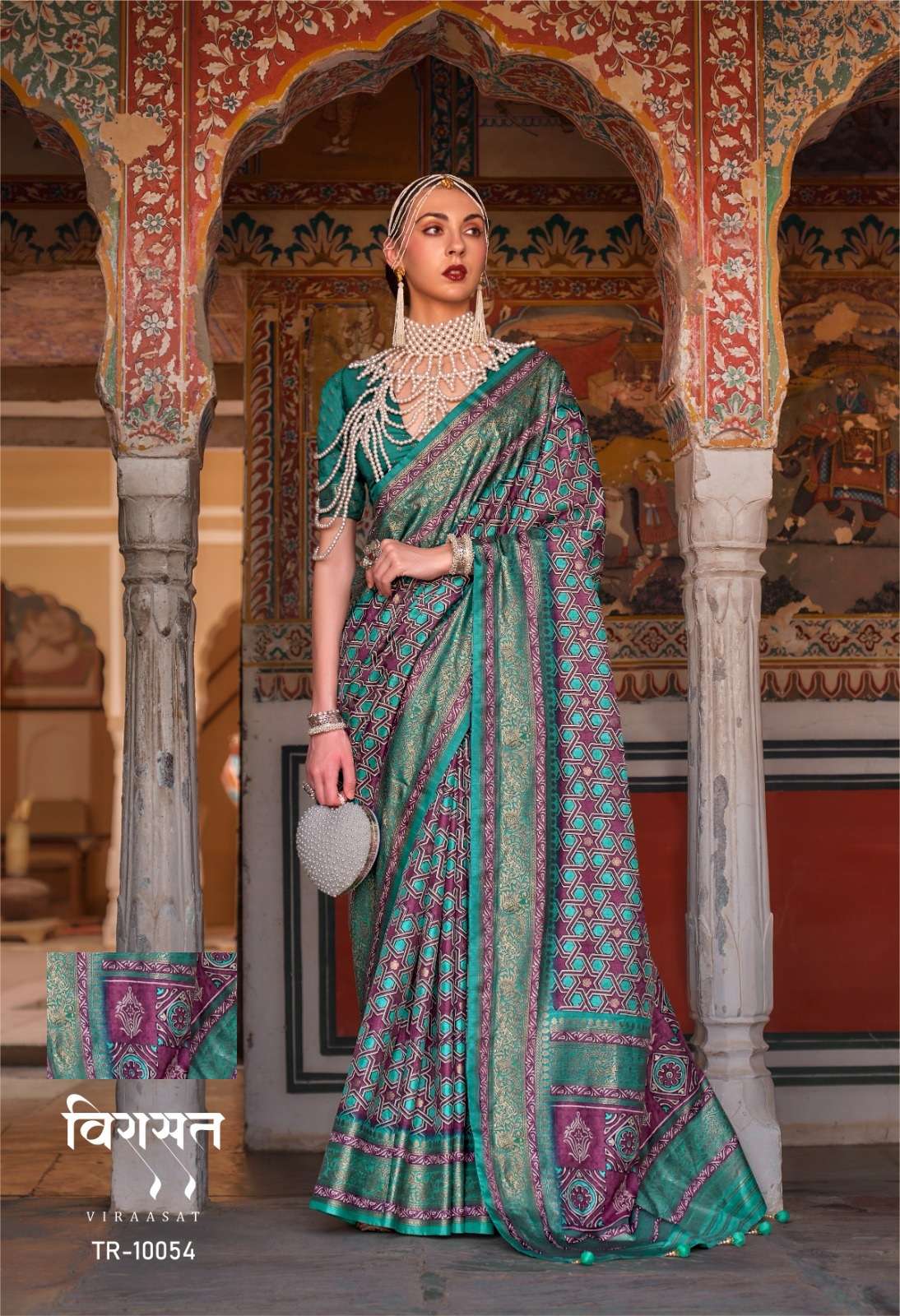 DESIGNER FANCY WEDDING PARTY WEAR DESIGNER GREEN SILK SAREE SM TFH VIRAASAT 10054