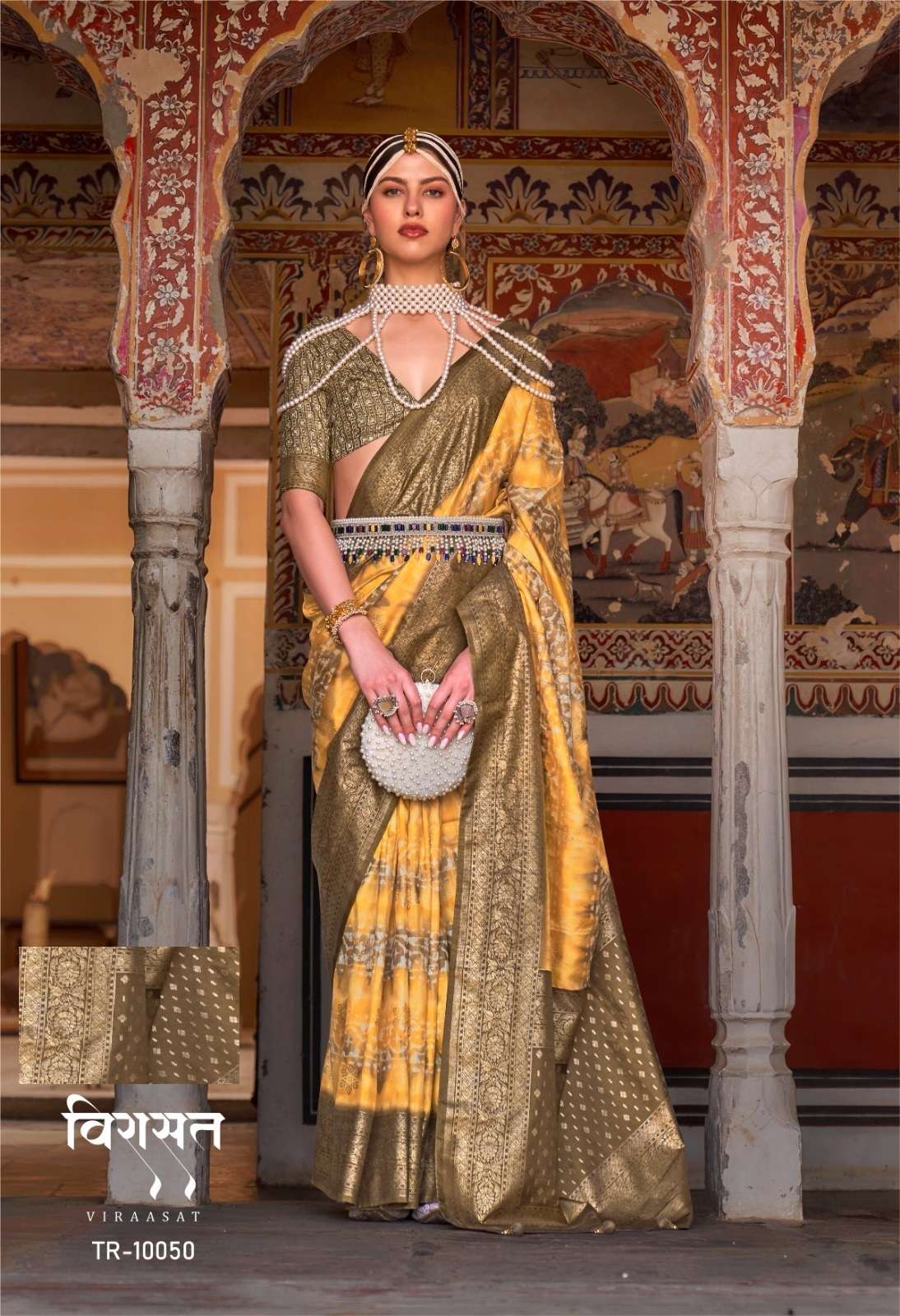 DESIGNER FANCY WEDDING PARTY WEAR DESIGNER YELLOW SILK SAREE SM TFH VIRAASAT 10050