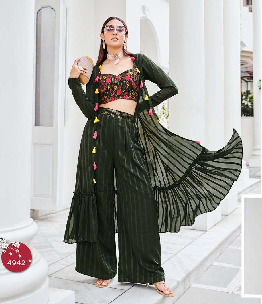 DESIGNER FANCYREADY TO WEAR WESTERN WEAR OLIVE CROP TOP KOTI BLOUSE SHARARA STYLE EXCLUSIVE COLLECTION KF FLORY 4942