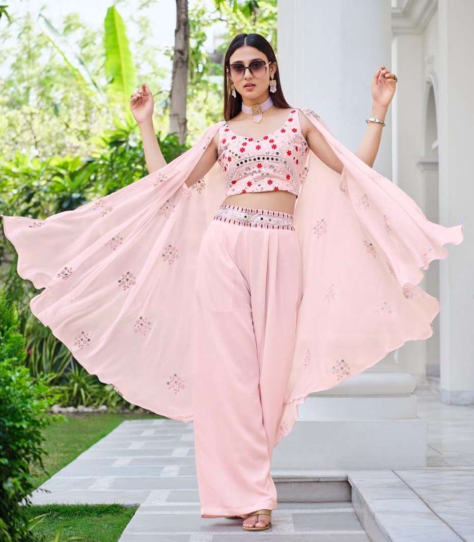 DESIGNER FANCYREADY TO WEAR WESTERN WEAR PINK CROP TOP KOTI BLOUSE SHARARA STYLE EXCLUSIVE COLLECTION KF FLORY 4941