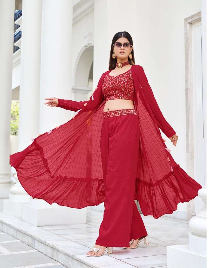 DESIGNER FANCYREADY TO WEAR WESTERN WEAR RED CROP TOP KOTI BLOUSE SHARARA STYLE EXCLUSIVE COLLECTION KF FLORY 4944