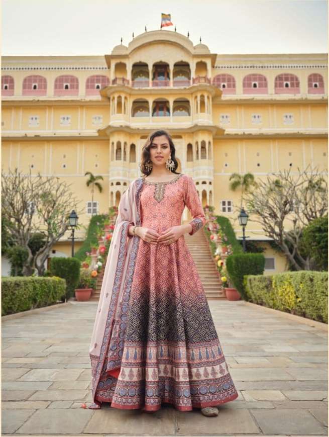 DESIGNER PEACE PATOLA PRINT READY TO WEAR SILK ANARKALI LONG GOWN WITH SILK DUPATTA SM VRST RATRANI 5001