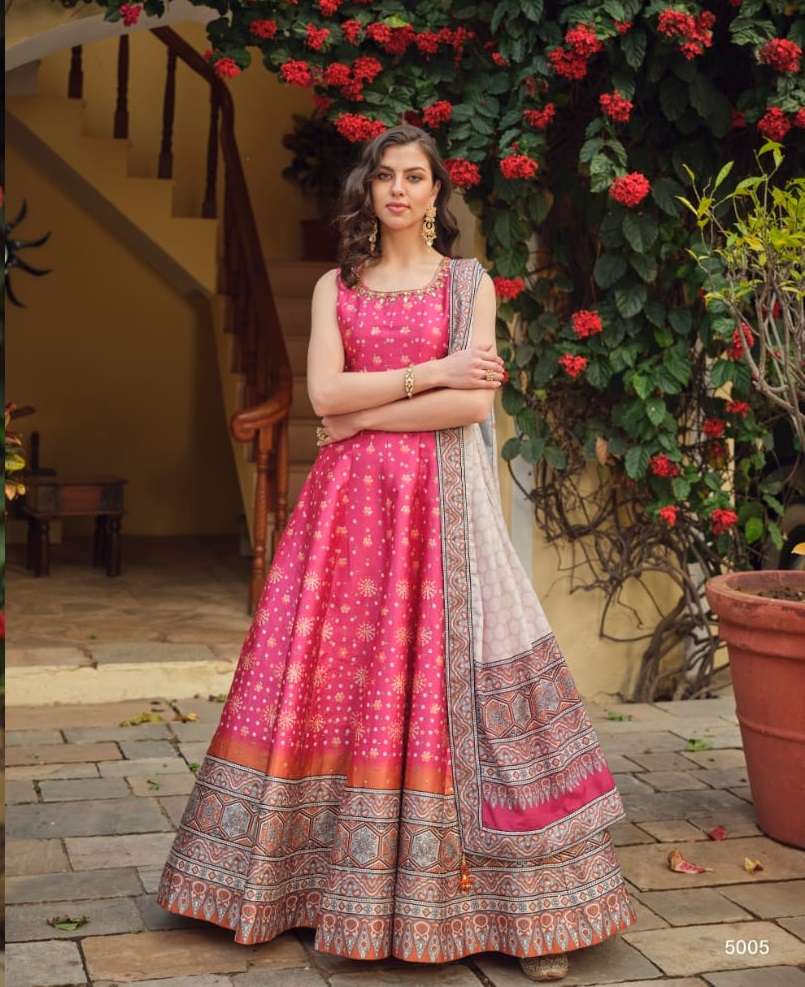 DESIGNER PINK PATOLA PRINT READY TO WEAR SILK ANARKALI LONG GOWN WITH SILK DUPATTA SM VRST RATRANI 5005