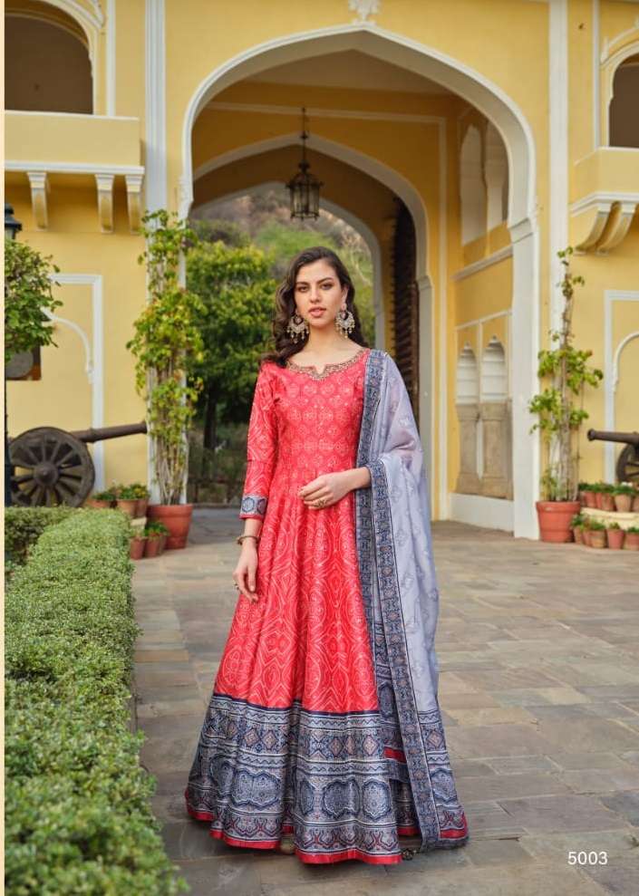 DESIGNER RED PATOLA PRINT READY TO WEAR SILK ANARKALI LONG GOWN WITH SILK DUPATTA SM VRST RATRANI 5003