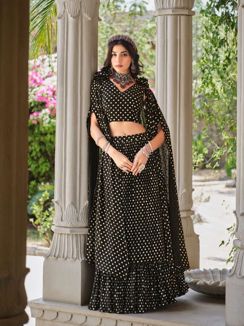 DESIGNER TRENDY STYLISH FANCY PARTY WEAR BLACK GEORGETTE LEHENGA CHOLI WITH FOIL WORK SHREEMATEE FASHION KF GIRLY 2326