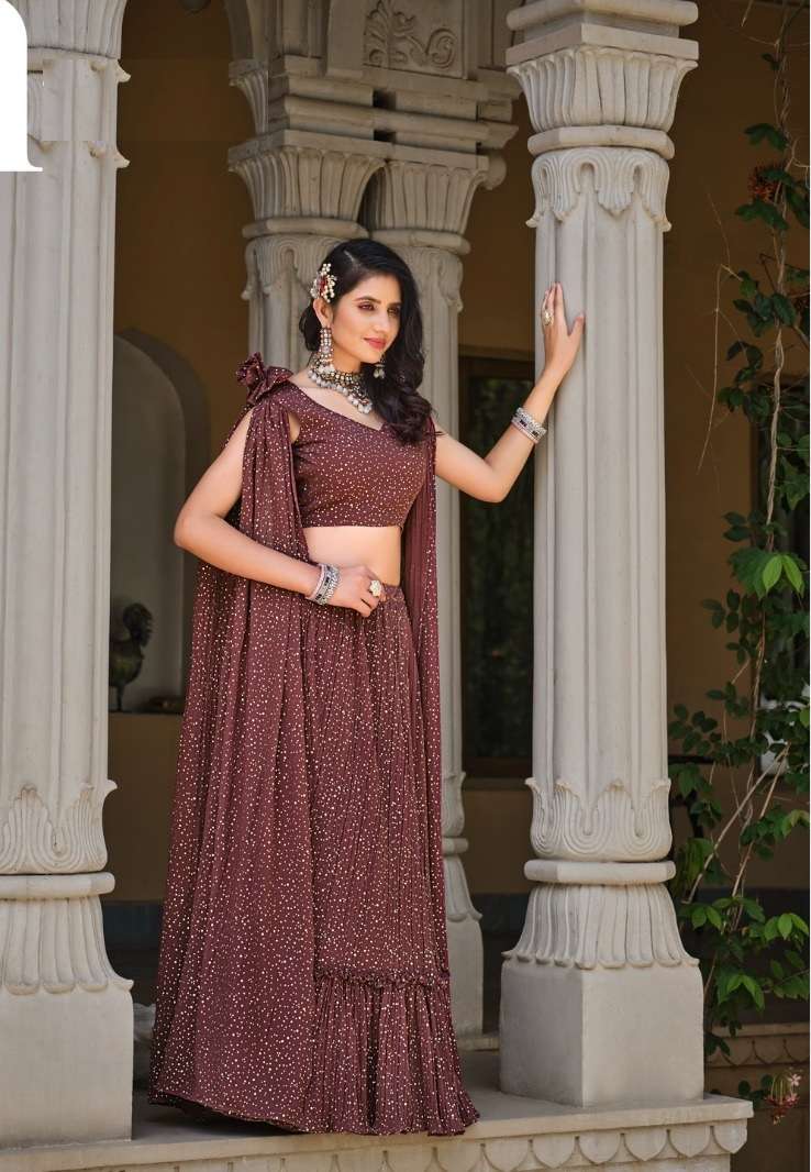 DESIGNER TRENDY STYLISH FANCY PARTY WEAR BROWN GEORGETTE LEHENGA CHOLI WITH FOIL WORK SHREEMATEE FASHION KF GIRLY 2325