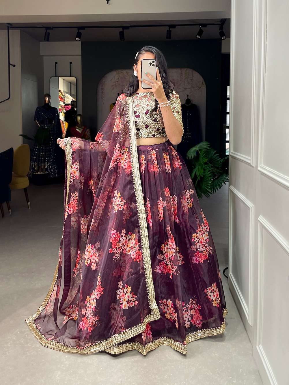 DESIGNER TRENDY STYLISH FANCY PARTY WEAR BROWN ORGANZA SILK LEHENGA CHOLI PC 1010