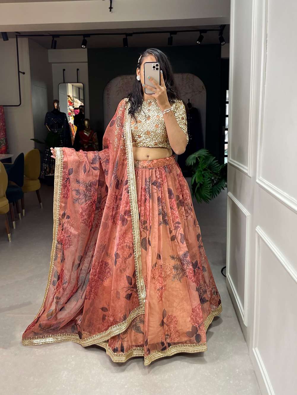 DESIGNER TRENDY STYLISH FANCY PARTY WEAR ORANGE ORGANZA SILK LEHENGA CHOLI PC 1010