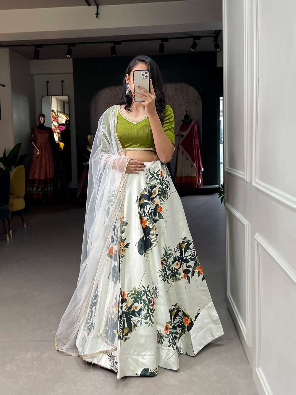 DESIGNER TRENDY STYLISH FANCY PARTY WEAR WHITE SATIN SILK LEHENGA CHOLI WITH GREEN BLOUSE PC 1068G