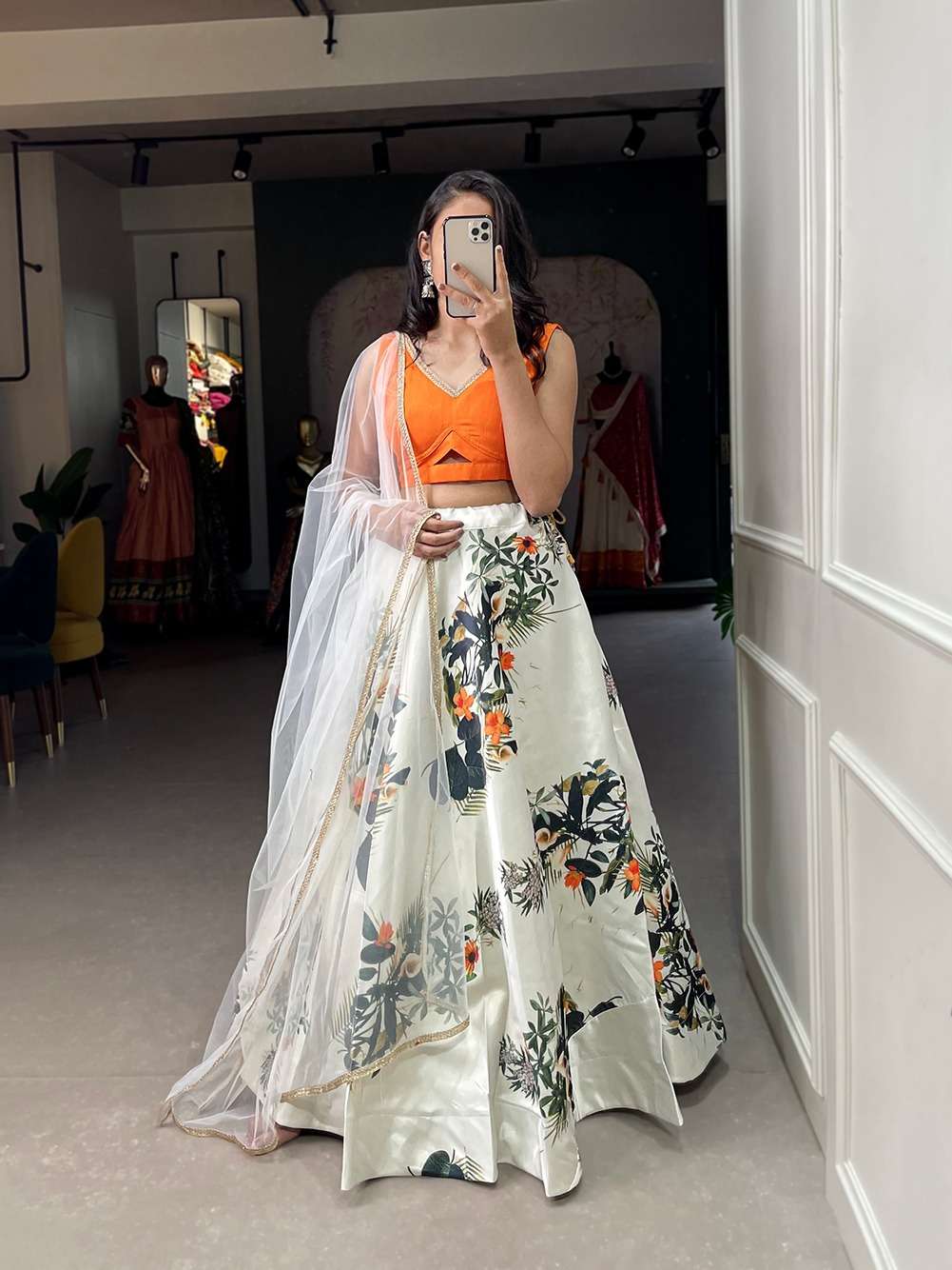 DESIGNER TRENDY STYLISH FANCY PARTY WEAR WHITE SATIN SILK LEHENGA CHOLI WITH ORANGE BLOUSE PC 1068O