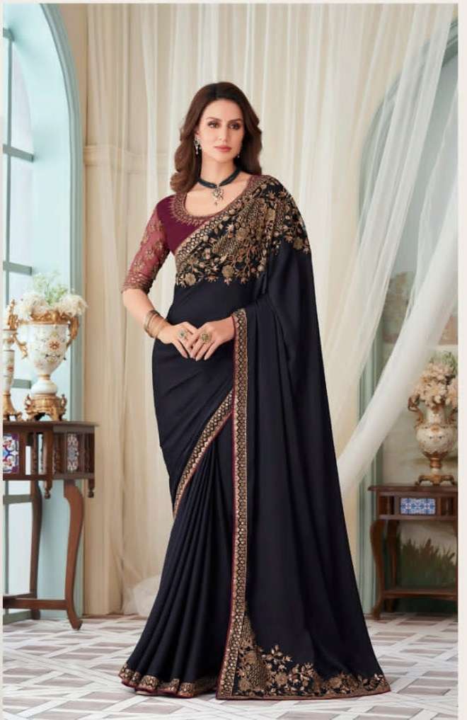 DESIGNER WEDDING PARTY FUNCTION WEAR BLACK SILK SAREE EXCLUSIVE COLLECTION SM TFH 27017D