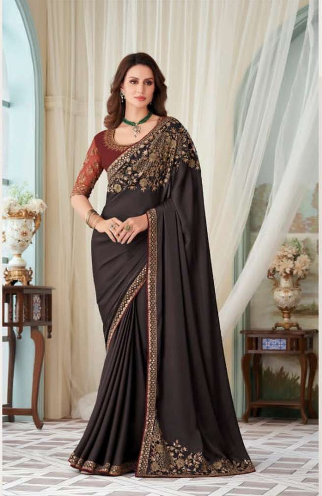 DESIGNER WEDDING PARTY FUNCTION WEAR BROWN SILK SAREE EXCLUSIVE COLLECTION SM TFH 27017C