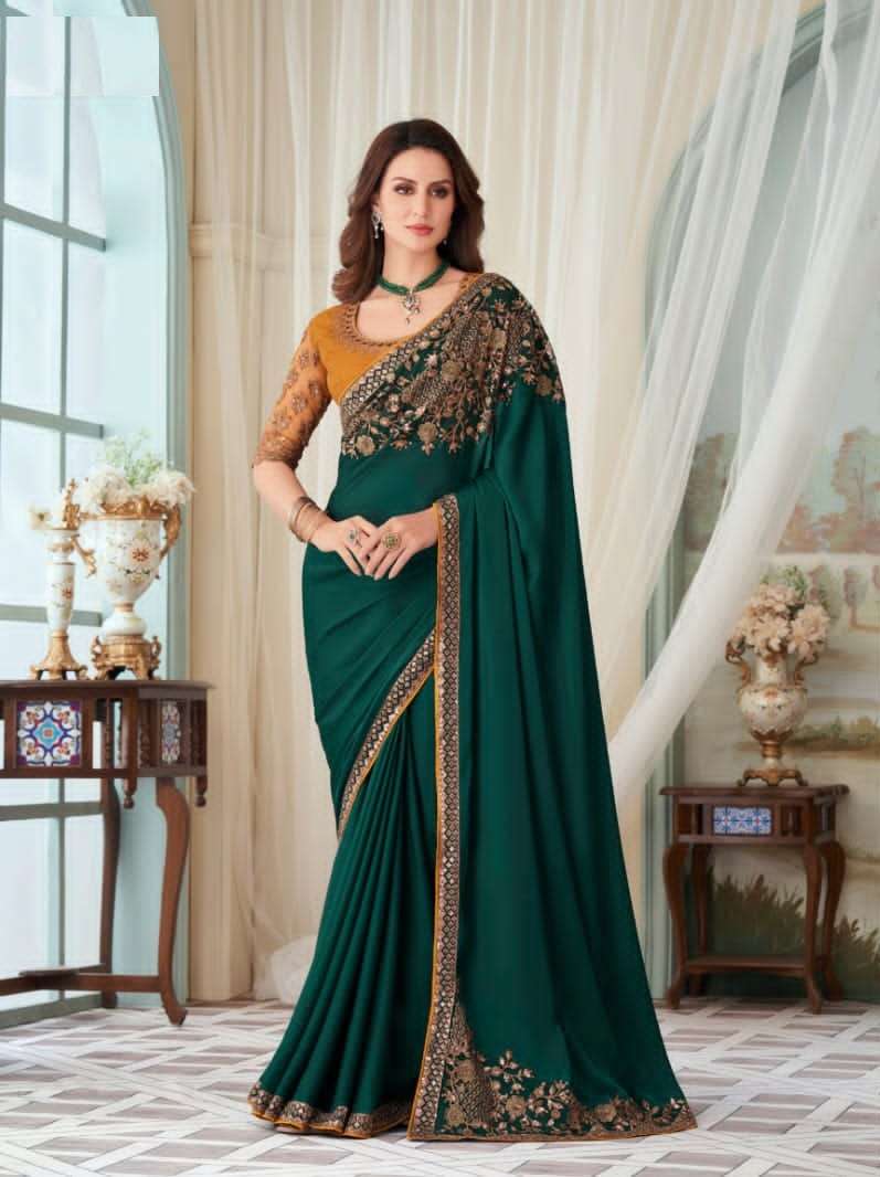 DESIGNER WEDDING PARTY FUNCTION WEAR GREEN SILK SAREE EXCLUSIVE COLLECTION SM TFH 27017A