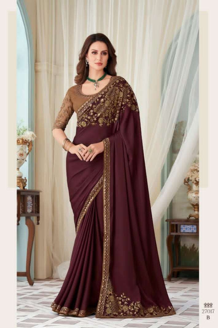 DESIGNER WEDDING PARTY FUNCTION WEAR MAROON SILK SAREE EXCLUSIVE COLLECTION SM TFH 27017B