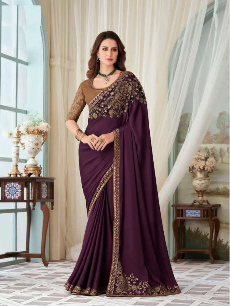 DESIGNER WEDDING PARTY FUNCTION WEAR WINE SILK SAREE EXCLUSIVE COLLECTION SM TFH 27017E