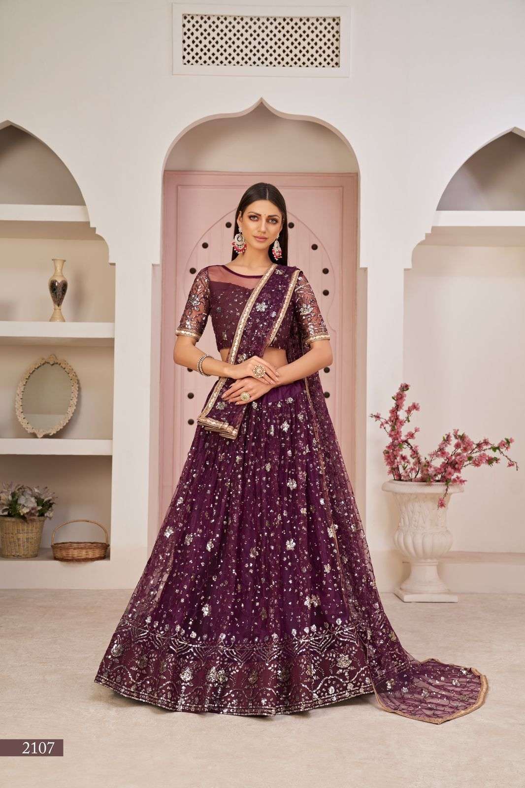 INDIAN BOLLYWOOD DESIGNER FANCY WEDDING PARTY WEAR WINE NET FABRIC LEHENGA WITH THREAD SEQUENCE DST NARAYANI 2107