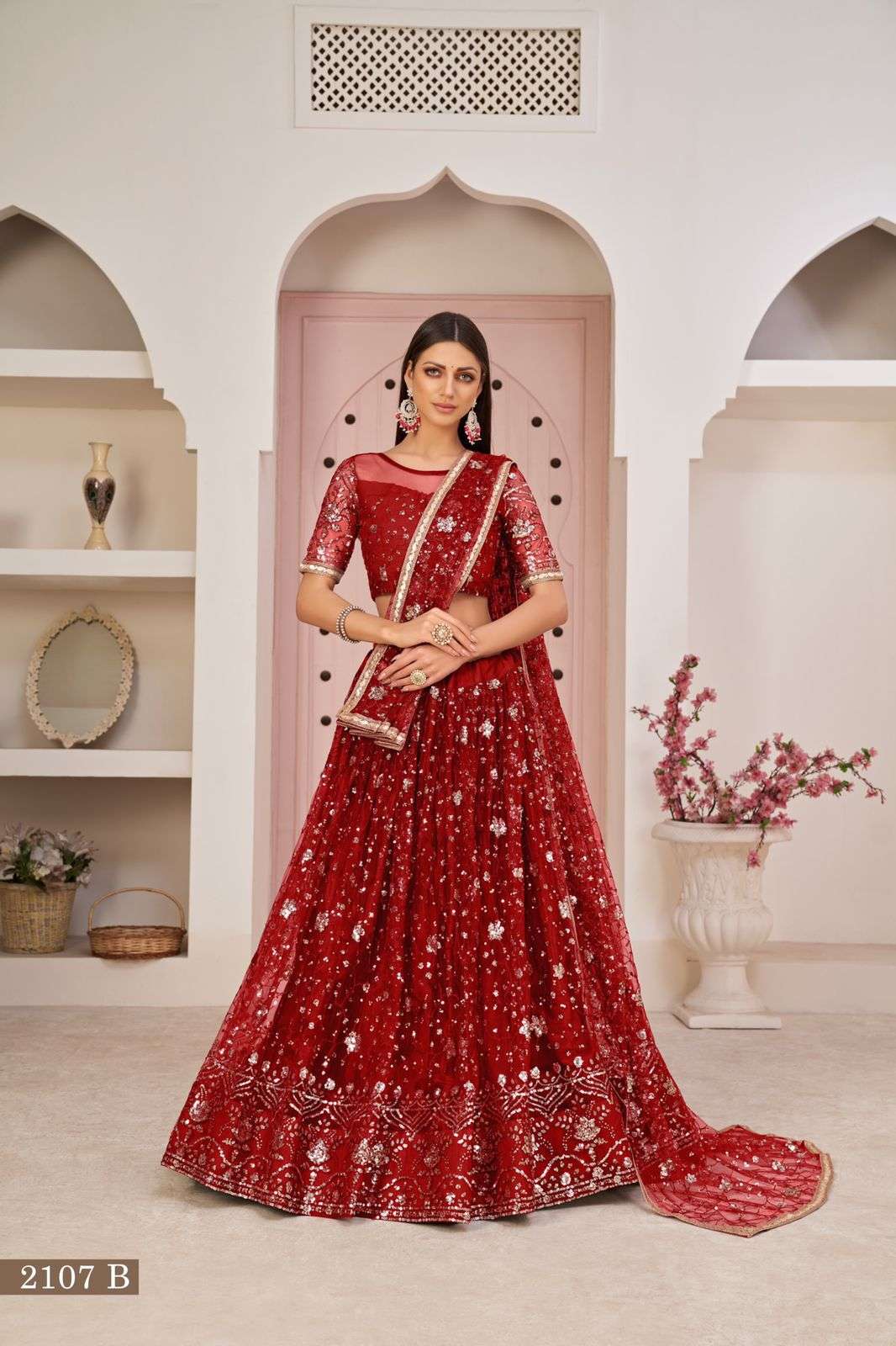 INDIAN BOLLYWOOD DESIGNER FANCY WEDDING PARTY WEAR RED NET FABRIC LEHENGA WITH THREAD SEQUENCE DST NARAYANI 2107B