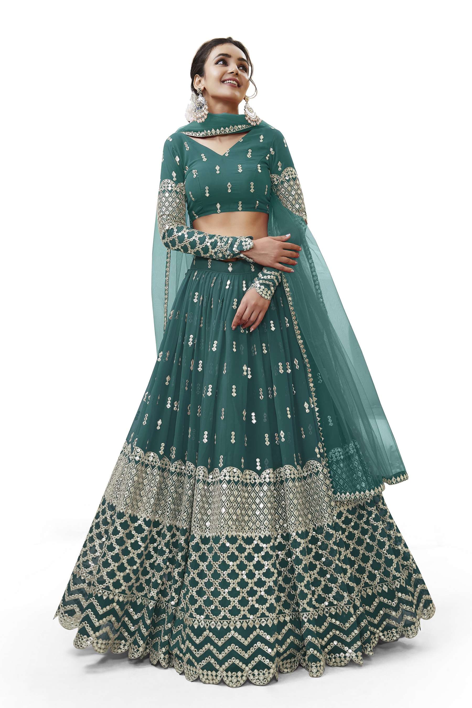 INDIAN BOLLYWOOD DESIGNER TEAL BLUE FANCY WEDDING PARTY WEAR GEORGETTE LEHENGA WITH THREAD SEQUENCE NAVRATRI LEHENGA CHOLI SM ZC EXRESSION 306