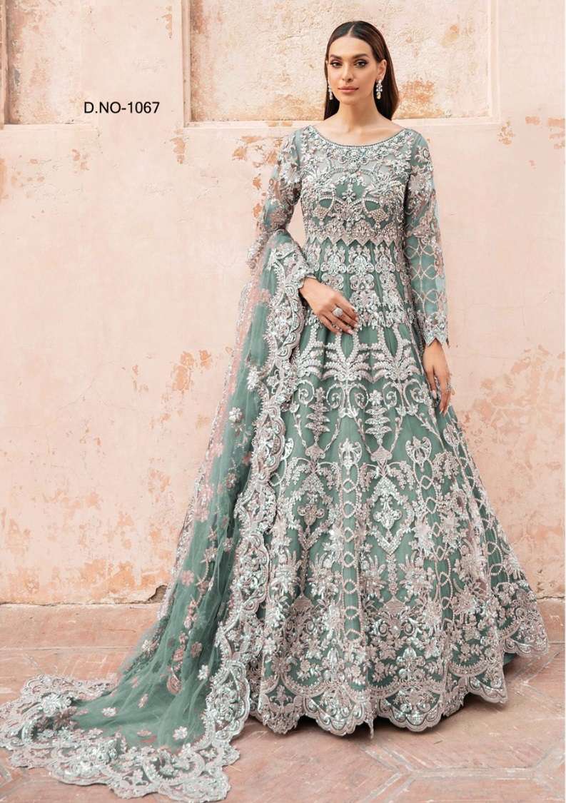 LATEST 2023 DESIGNER MINT GREEN ANARKALI PARTY WEAR SALWAR SUIT LONG GOWN IN BUTTERFLY NET KB 1067