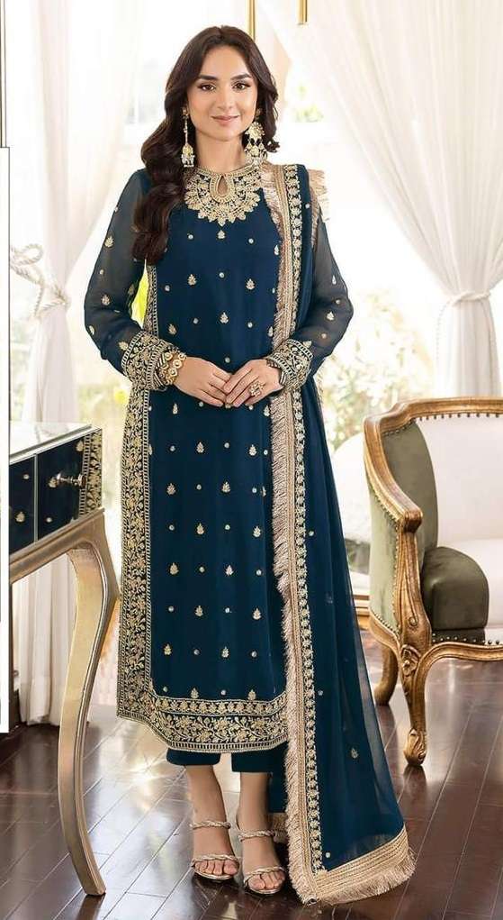 NEW DESIGNER FANCY PARTY WEAR FAUX GEORGETTE BLUE INDIAN PAKISATNI SALWAR SUIT JG 4102A