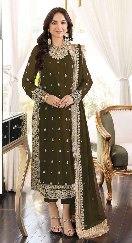 NEW DESIGNER FANCY PARTY WEAR FAUX GEORGETTE MAHENDI GREEN INDIAN PAKISATNI SALWAR SUIT JG 4102C