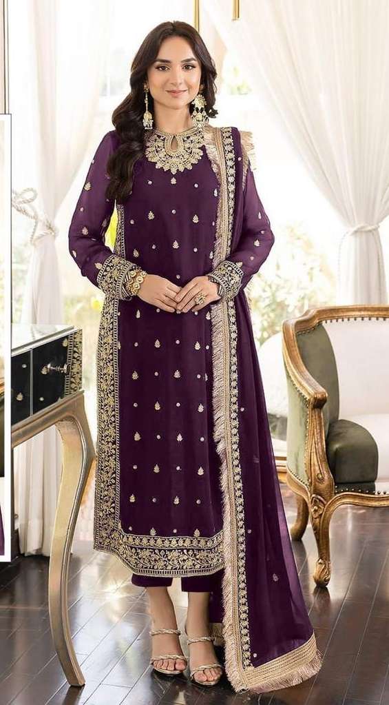 NEW DESIGNER FANCY PARTY WEAR FAUX GEORGETTE WINE INDIAN PAKISATNI SALWAR SUIT JG 4102B