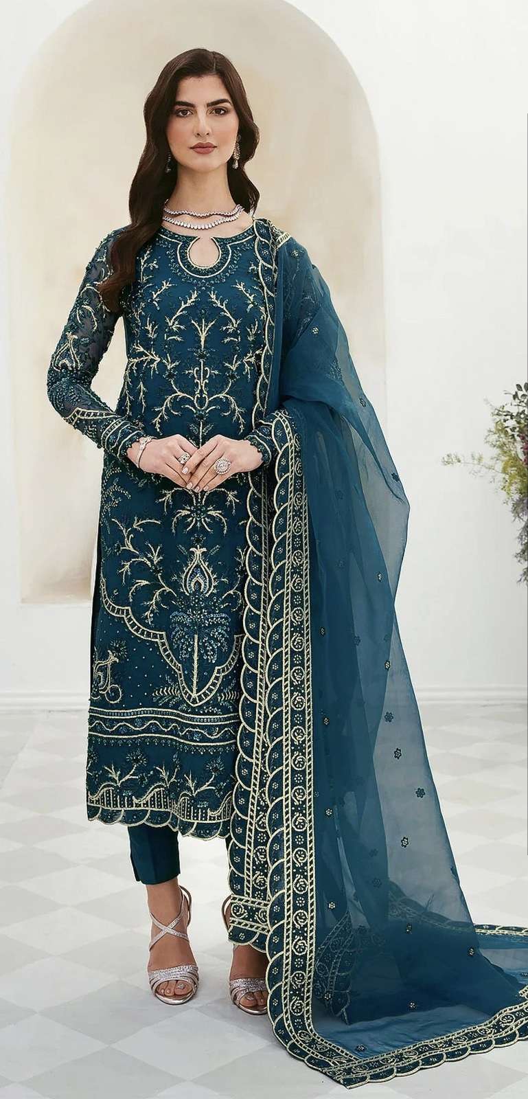 NEW DESIGNER FANCY PARTY WEAR TEAL BLUE GEORGETTE INDIAN PAKISATNI SALWAR SUIT JG 1027A