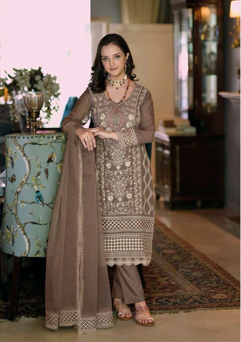 NEW DESIGNER READY TO WEAR FANCY PARTY WEAR BROWN ORGANZA INDIAN PAKISATNI SALWAR SUIT EB KIASHA 1120