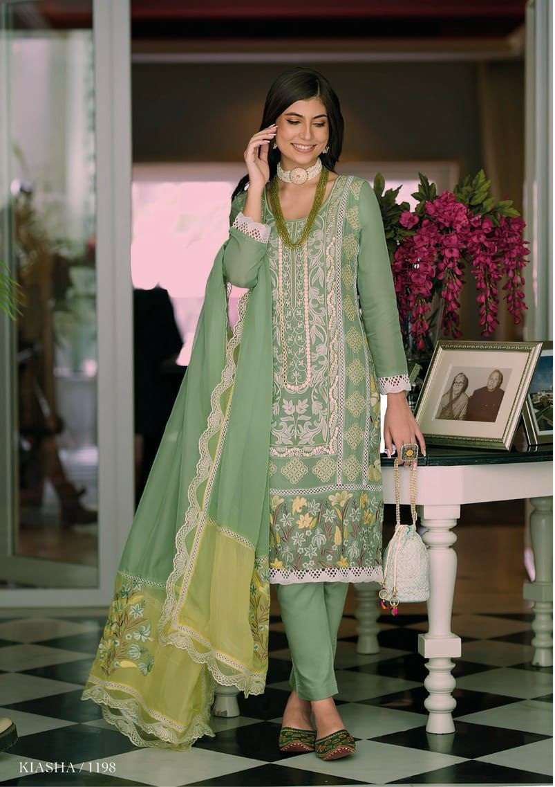 NEW DESIGNER READY TO WEAR FANCY PARTY WEAR GREEN ORGANZA INDIAN PAKISATNI SALWAR SUIT EB KIASHA 1198