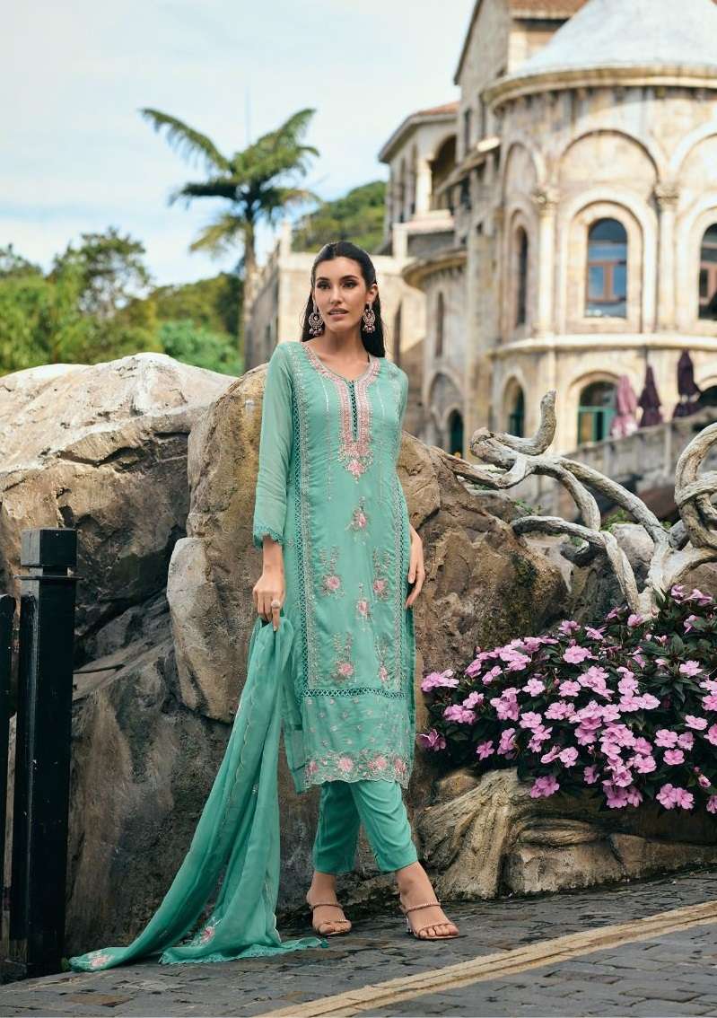 READY TO WEAR DESIGNER FANCY PARTY WEAR SEA BLUE ORGANZA SUIT EB URFI 120