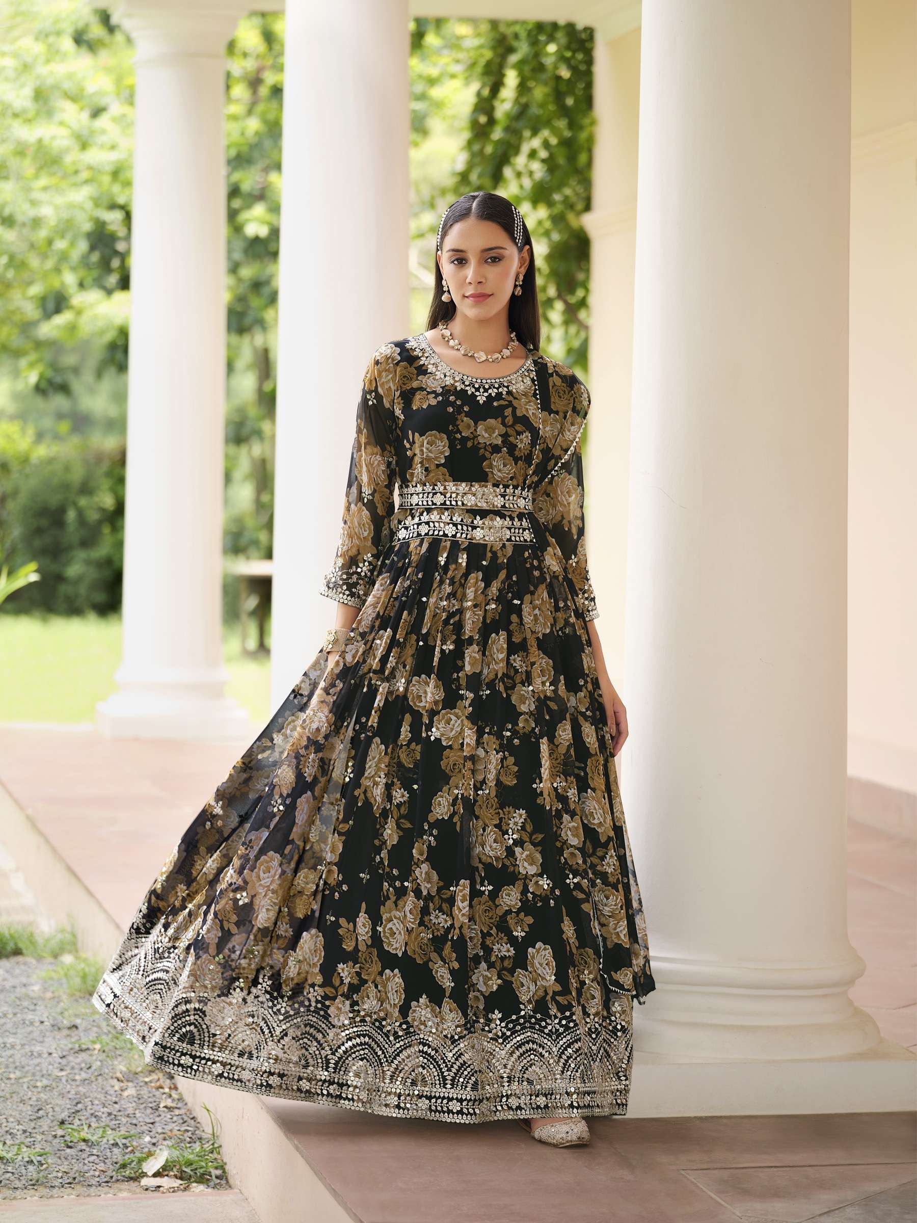 DESIGNER BLACK REAL GEORGETTE PRINTED ANARKALI SALWAR SUIT GOWN WITH GEORGETTE DUPATTA SENHORA KESHA 3004