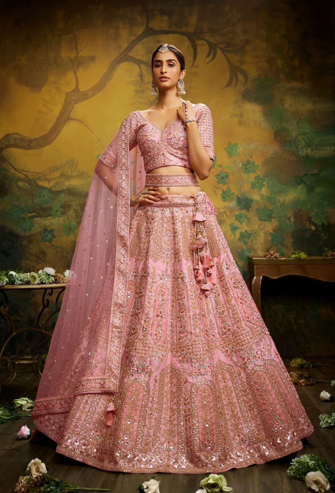 DESIGNER BRIDAL WEDDING PARTY WEAR HEAVY PREMIUM PEACE SILK LEHENGA CHOLI SM PC 2005