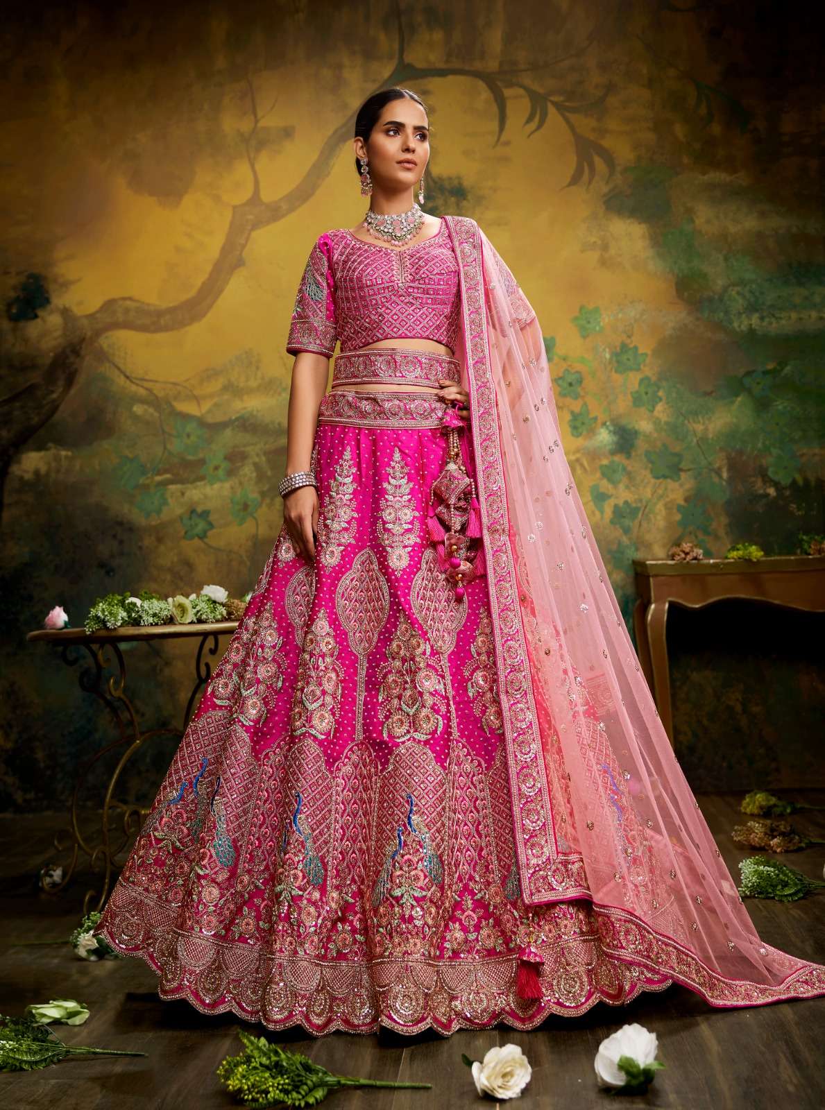 DESIGNER BRIDAL WEDDING PARTY WEAR HEAVY PREMIUM PINK SILK LEHENGA CHOLI SM PC 2007