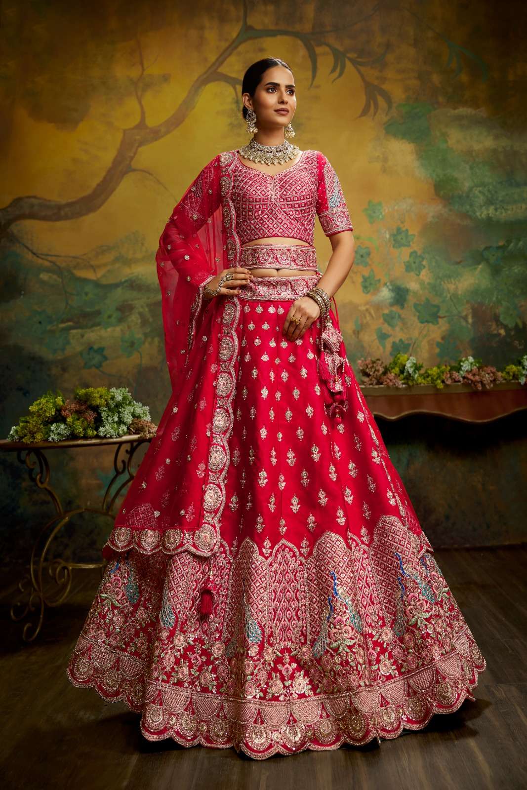 DESIGNER BRIDAL WEDDING PARTY WEAR HEAVY PREMIUM RED SILK LEHENGA CHOLI SM PC 2009