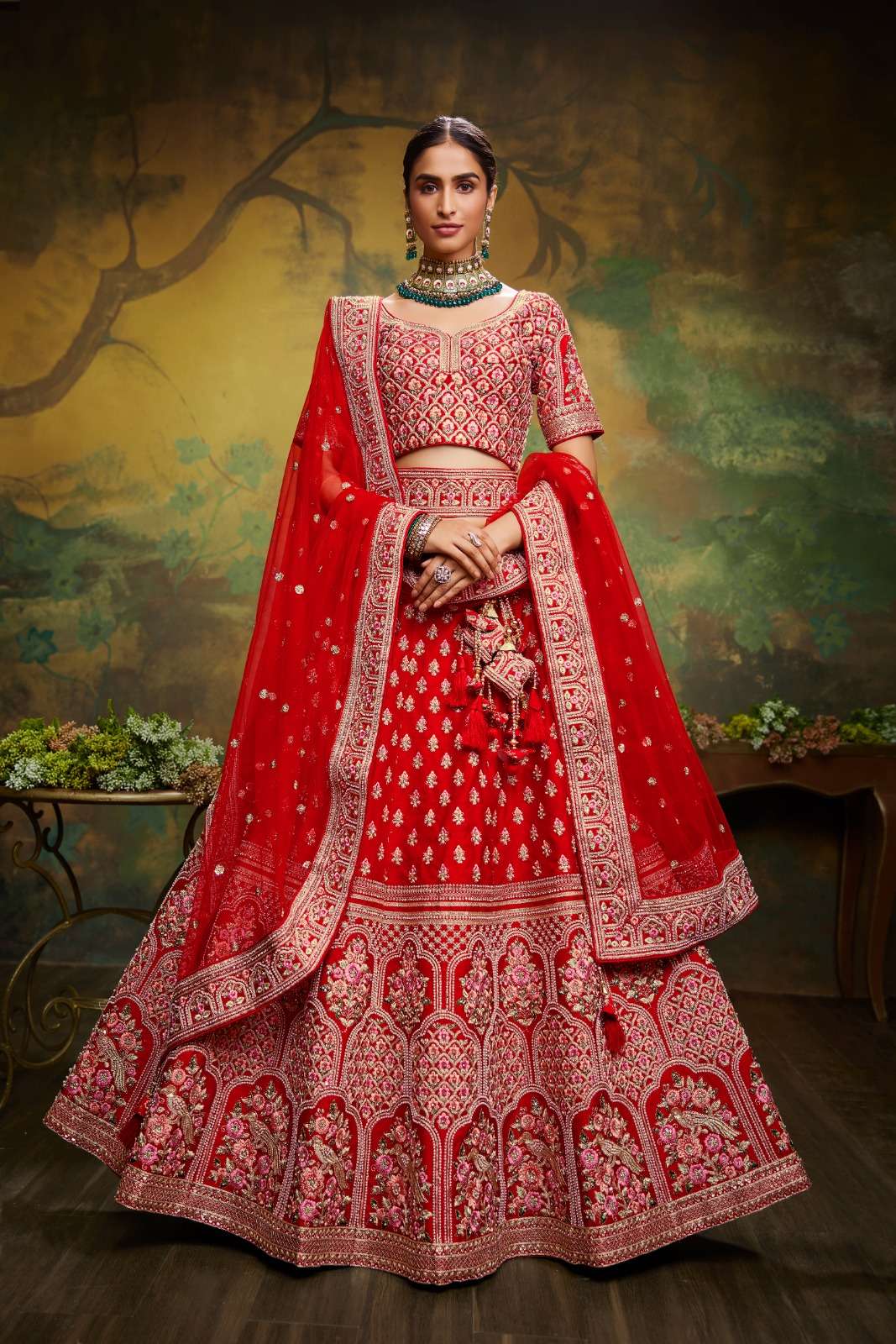 DESIGNER BRIDAL WEDDING PARTY WEAR HEAVY PREMIUM RED SILK LEHENGA CHOLI SM PC 2002