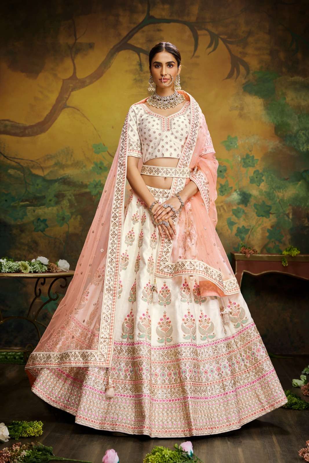 DESIGNER BRIDAL WEDDING PARTY WEAR HEAVY PREMIUM WHITE SILK LEHENGA CHOLI SM PC 2003