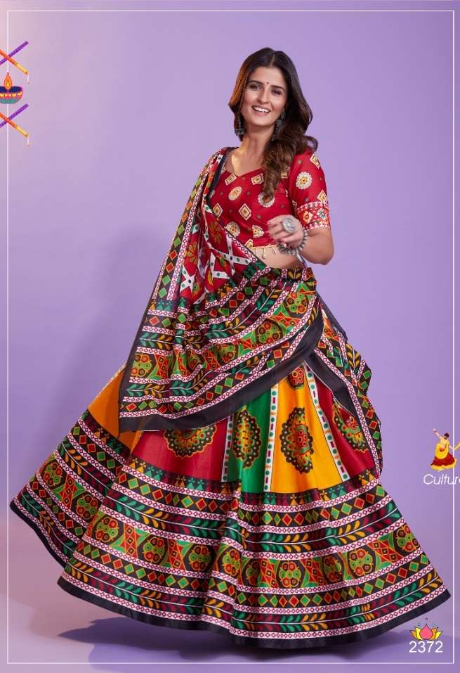 DESIGNER FANCY HEAVY MULTICOLOR PURE COTTON NAVRATRI LEHENGA CUM GAMTHI LEHENGA PRINT WORK CHOLI KF 2372