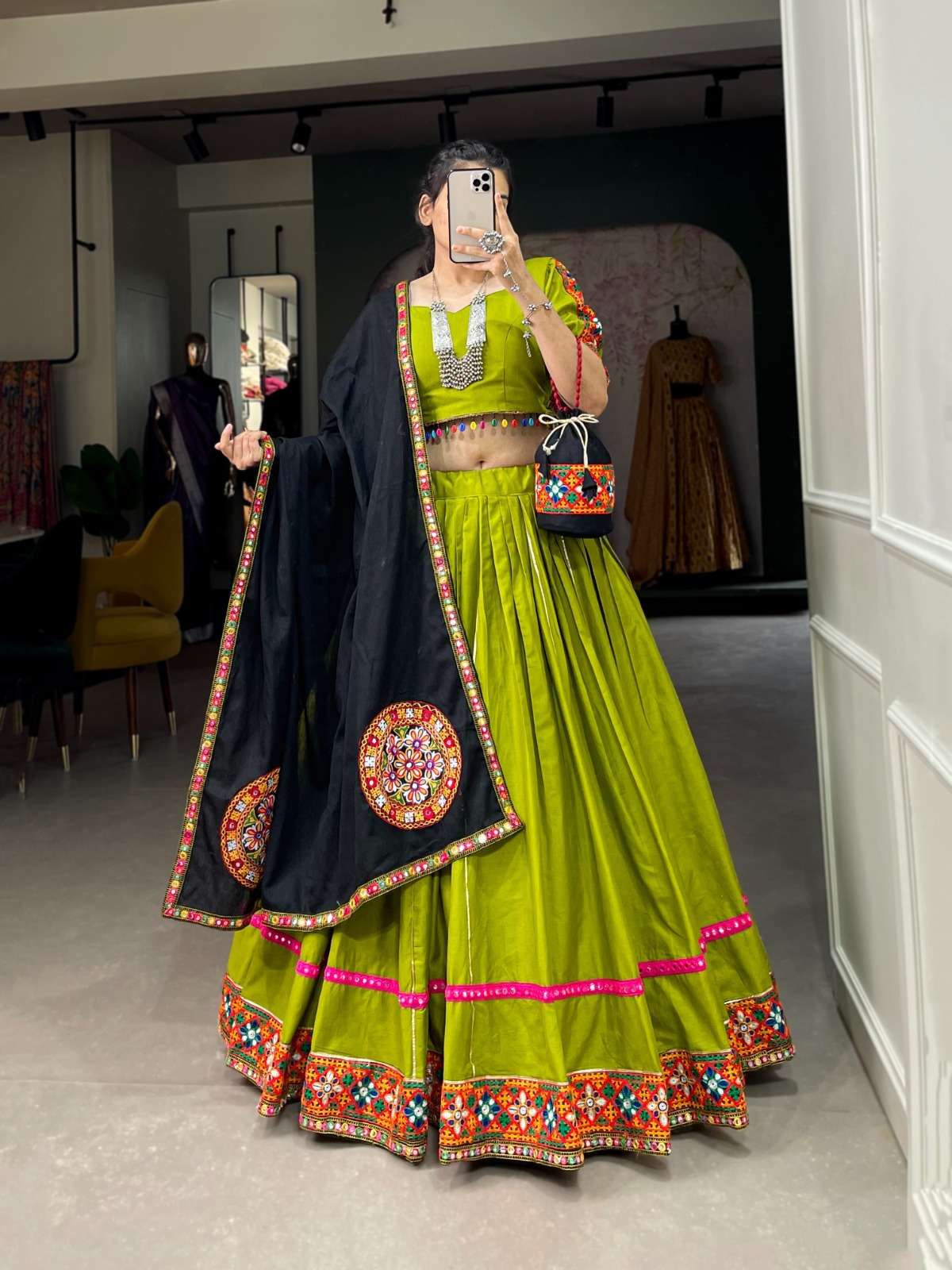 DESIGNER FANCY HEAVY PURE COTTON GREEN NAVRATRI LEHENGA CUM GAMTHI LEHENGA MIRROR WORK CHOLI PC 1692