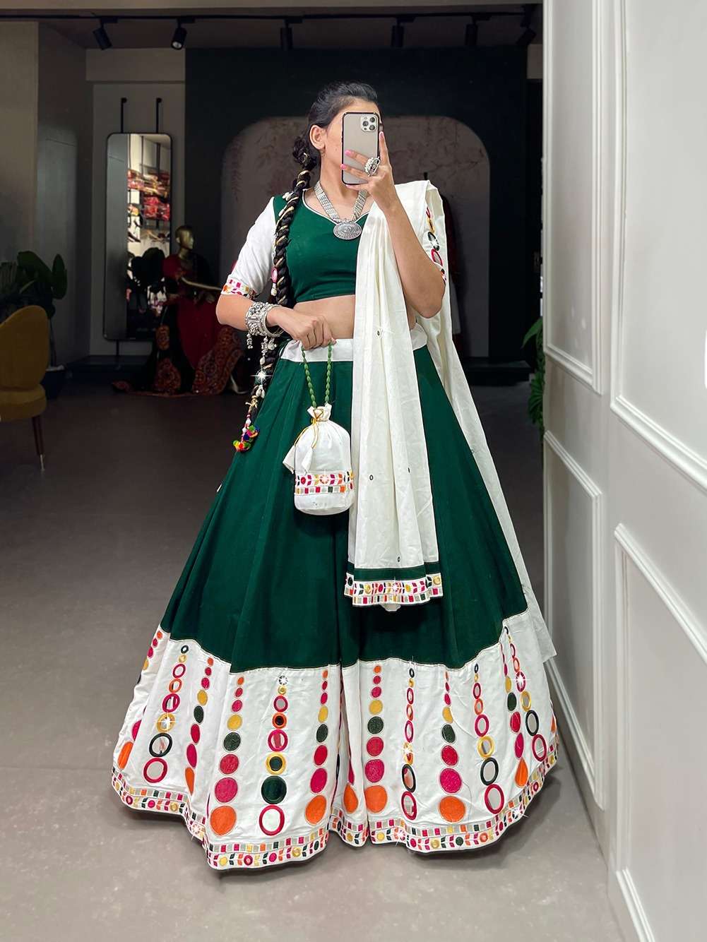 DESIGNER FANCY HEAVY PURE COTTON GREEN NAVRATRI LEHENGA CUM GAMTHI LEHENGA MIRROR WORK CHOLI PC 1677