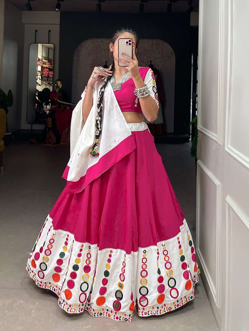 DESIGNER FANCY HEAVY PURE COTTON PINK NAVRATRI LEHENGA CUM GAMTHI LEHENGA MIRROR WORK CHOLI PC 1677