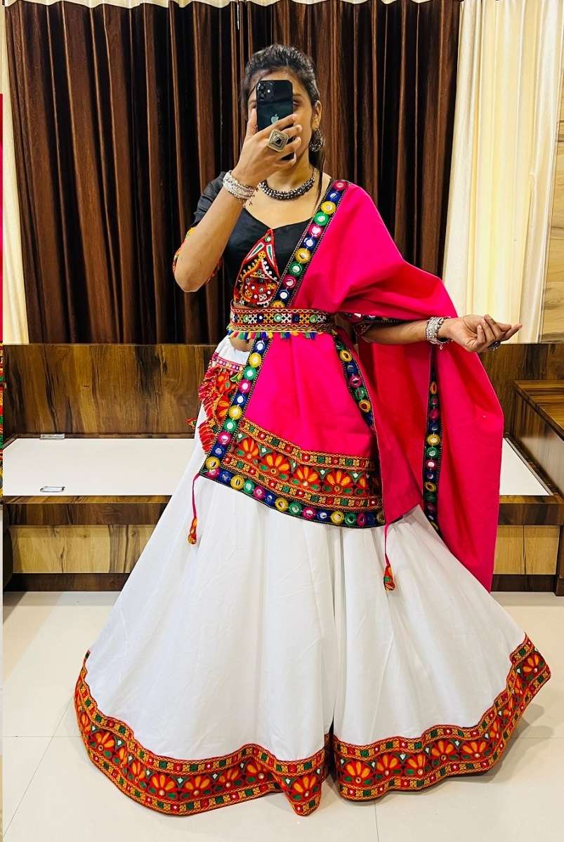 DESIGNER FANCY HEAVY PURE COTTON WHITE NAVRATRI LEHENGA CUM GAMTHI LEHENGA MIRROR WORK CHOLI PC 7050