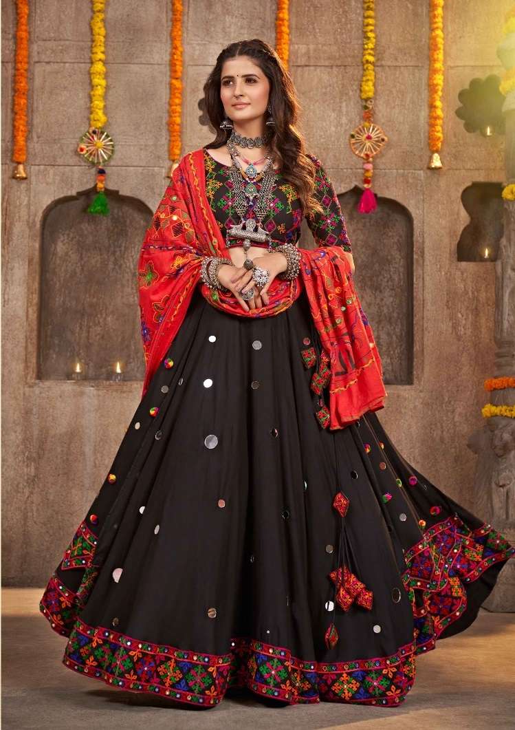 DESIGNER FANCY HEAVY VISCOSE RAYON COTTON BLACK NAVRATRI LEHENGA CUM GAMTHI LEHENGA MIRROR WORK CHOLI KF RAAS 2333