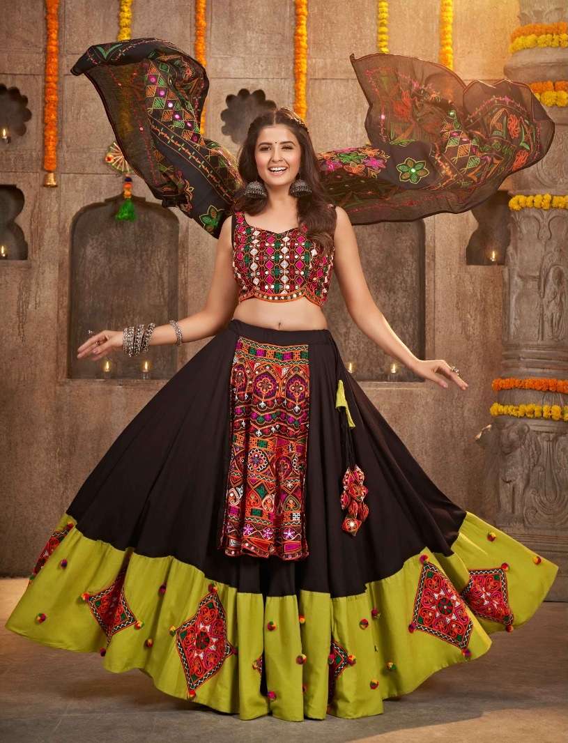 DESIGNER FANCY HEAVY VISCOSE RAYON COTTON BLACK NAVRATRI LEHENGA CUM GAMTHI LEHENGA MIRROR WORK CHOLI KF RAAS 2338