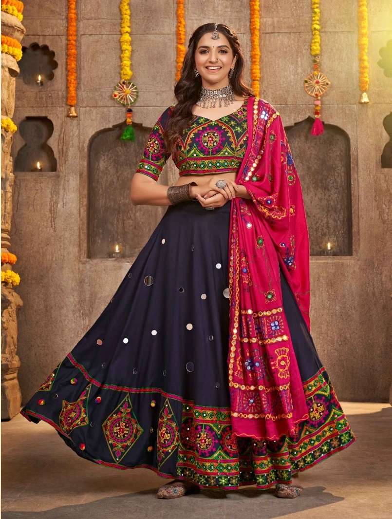 DESIGNER FANCY HEAVY VISCOSE RAYON COTTON BLUE NAVRATRI LEHENGA CUM GAMTHI LEHENGA MIRROR WORK CHOLI KF RAAS 2332