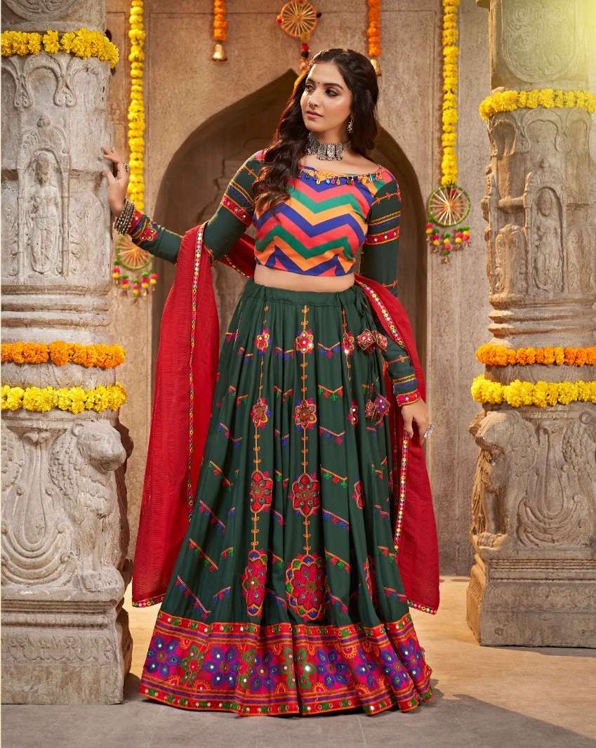 DESIGNER FANCY HEAVY VISCOSE RAYON COTTON GREEN NAVRATRI LEHENGA CUM GAMTHI LEHENGA MIRROR WORK CHOLI KF RAAS 2335