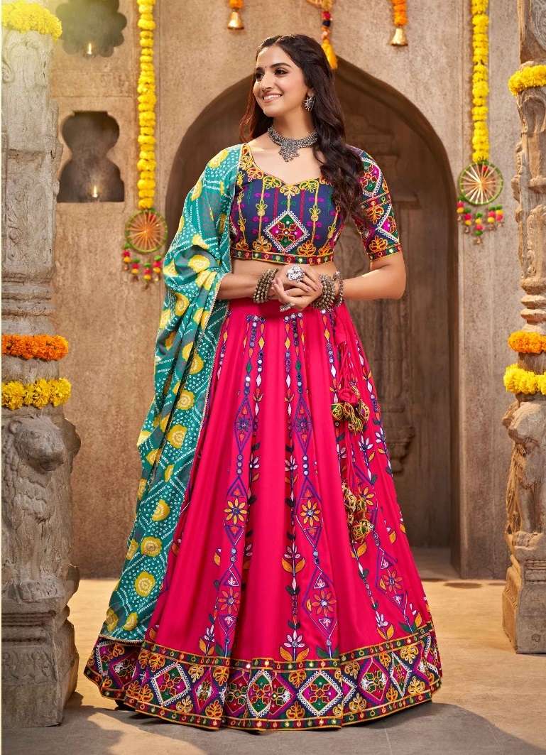 DESIGNER FANCY HEAVY VISCOSE RAYON COTTON INK NAVRATRI LEHENGA CUM GAMTHI LEHENGA MIRROR WORK CHOLI KF RAAS 2337