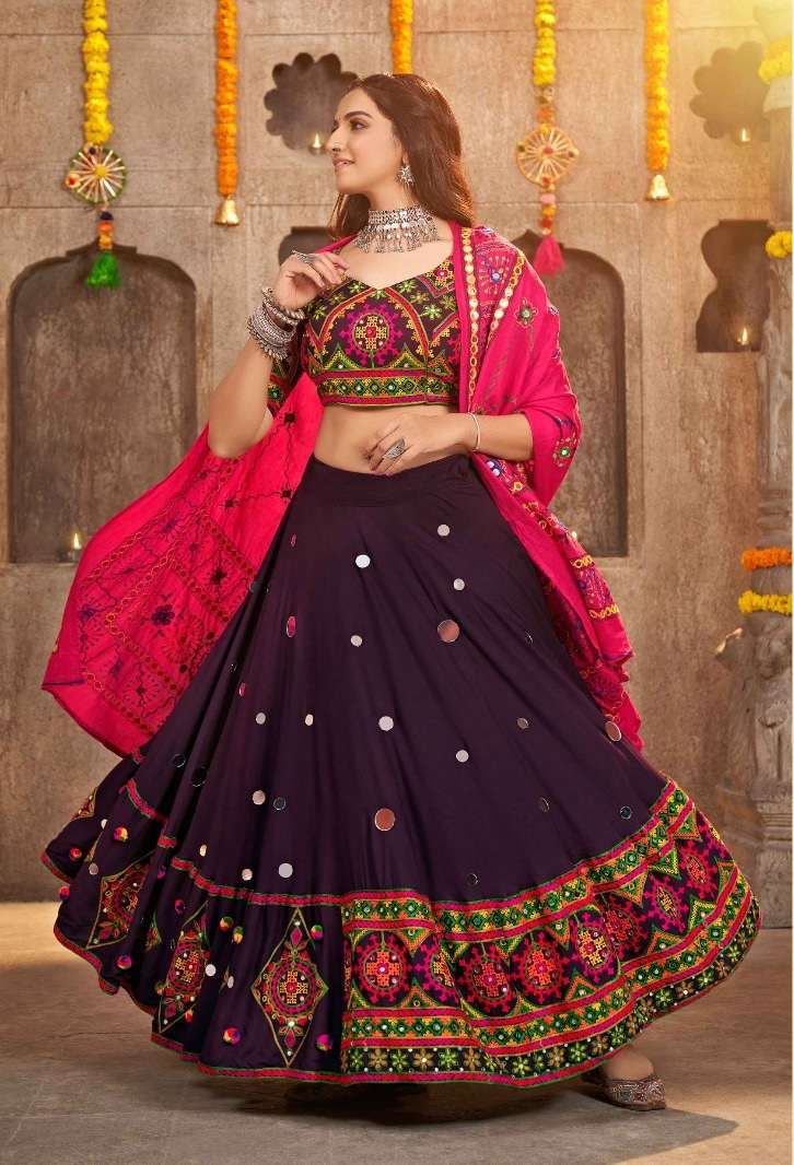 DESIGNER FANCY HEAVY VISCOSE RAYON COTTON PURPLE NAVRATRI LEHENGA CUM GAMTHI LEHENGA MIRROR WORK CHOLI KF RAAS 2339